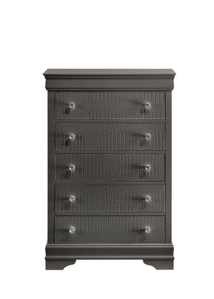 English Elm Blaze Modern 5-Drawer Chest In Metallic Gray With Velvet-Lined Top Drawer & Crystal Knobs For Style B009P286645
