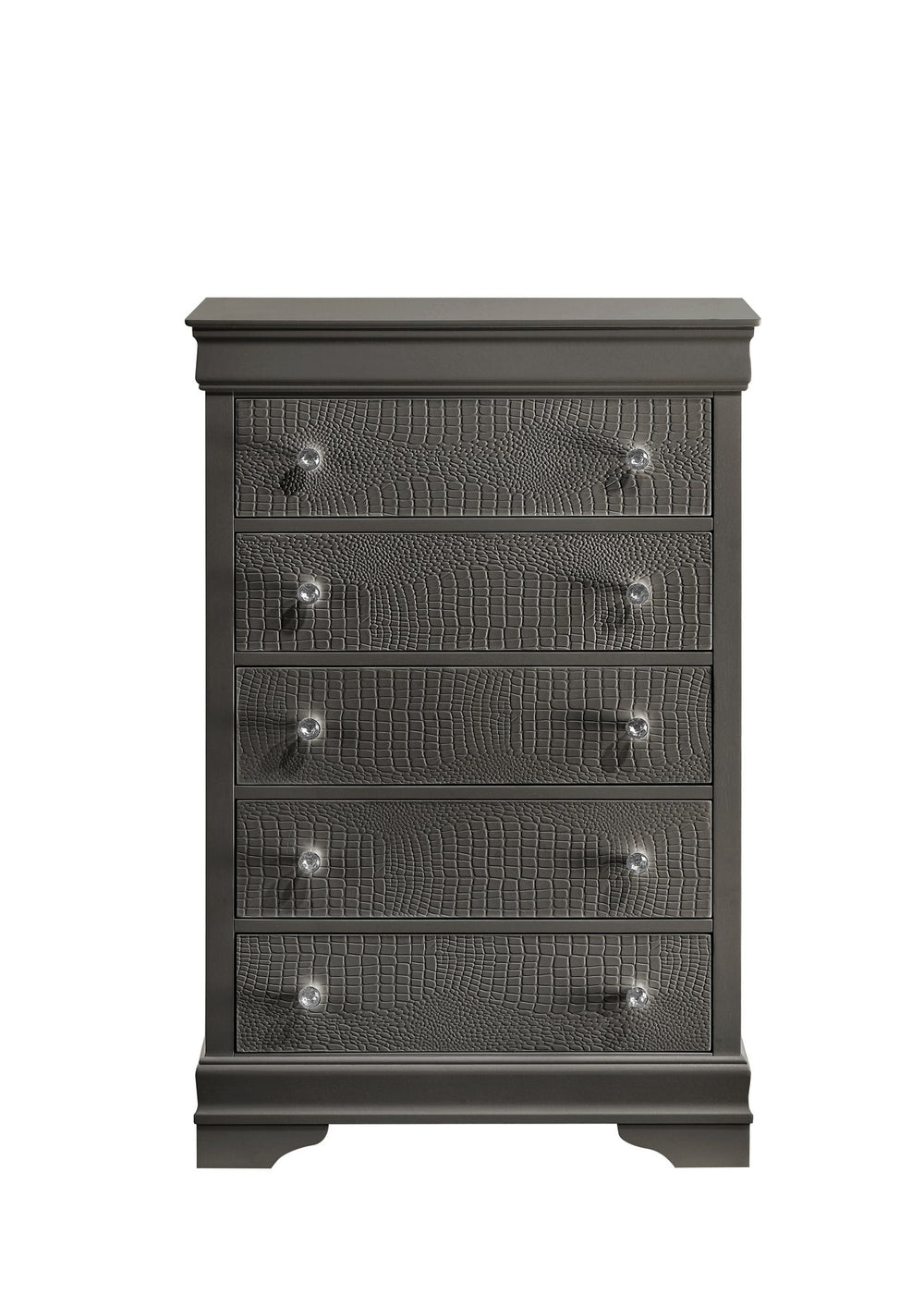 English Elm Blaze Modern 5-Drawer Chest In Metallic Gray - Stylish Storage With Velvet Lined Drawer & Knobs G150108705