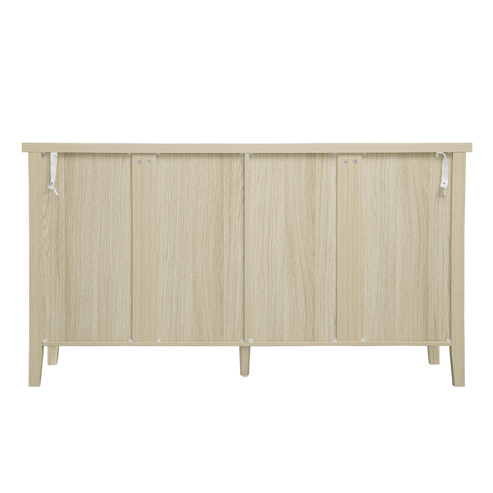 English Elm Rattan 4 Door Cabinet with Metal Semi-Circle Handles, Pine Feet, Adjustable Shelves, Non-Slip Pads W688P223028