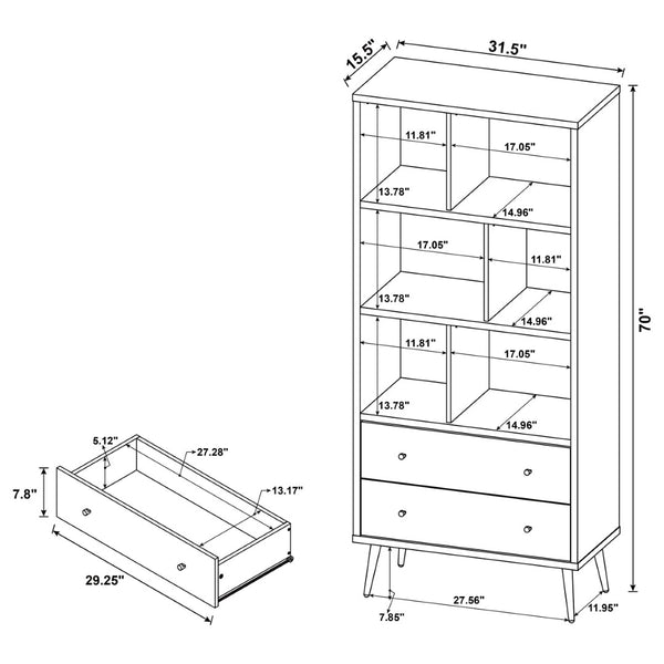 English Elm Minerva Staggered Shelf Bookcase with Drawers in Distressed Pine Scandinavian Style B062P447806