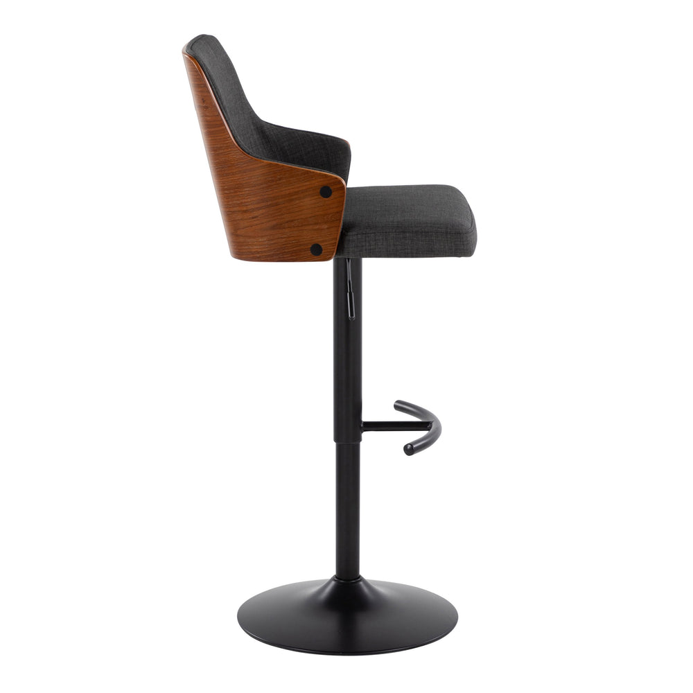 English Elm Stella Adjustable Barstool Pair with Swivel, Walnut Wood Back & Charcoal Fabric on Black Metal Base B202S01006