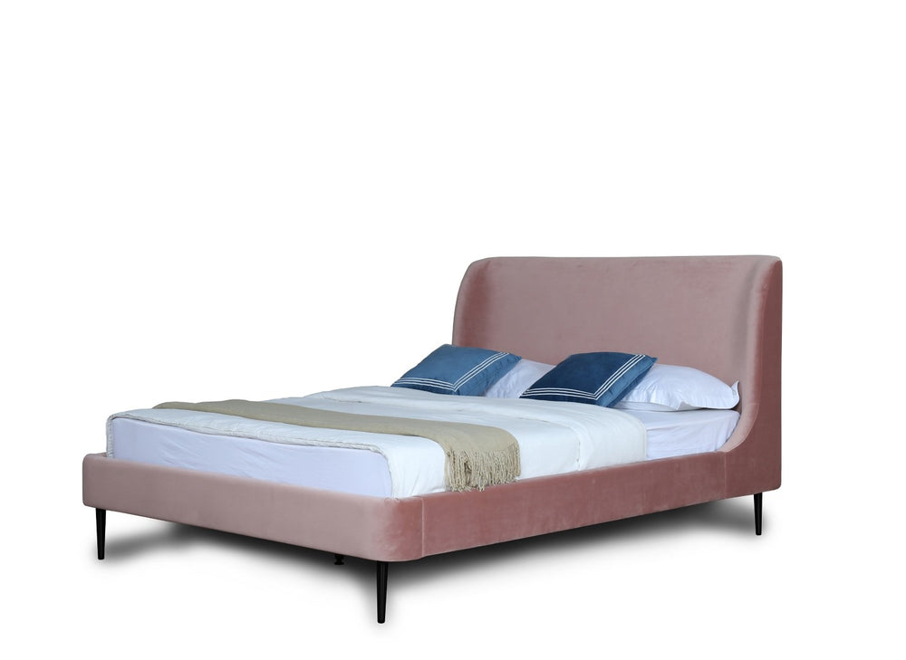 English Elm Queen Velvet Upholstered Bed Arched Headboard Mid Century Modern Bedroom Frame Pink+Black B365S00149