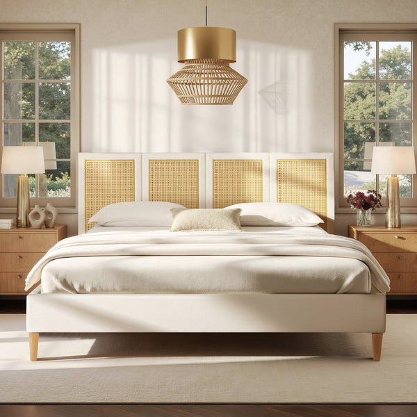 English Elm Jennifer Taylor Home - Toscana King Platform Bed - Elegant Upholstered Cane Back Design In Antique White For Versatile Style B2719P385737