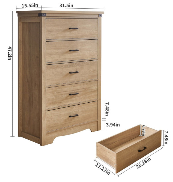 English Elm Farmhouse Five Drawer Oak Dresser Rustic Wood Grain Storage for Bedroom Entryway W5368P460478