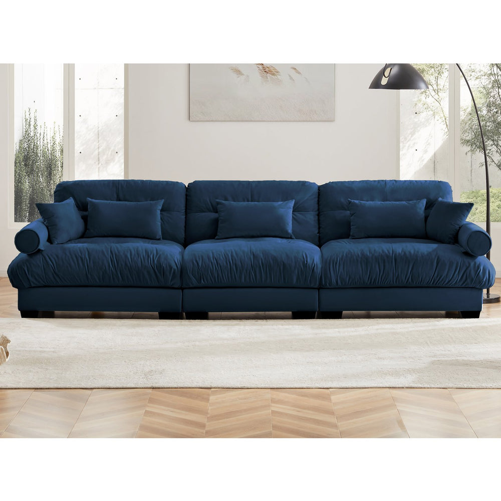 English Elm Extra Velvet 3-Seat Modern Oversize Sofa with Cloud-Like Cushions, Bolster Arms, Waist & Throw Pillows Blue W714S00881