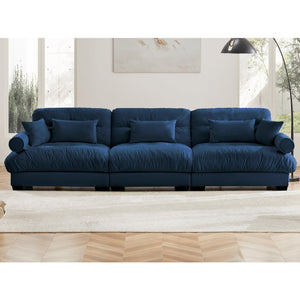 English Elm Extra oversized 3-seat velvet sofa with cloud-like cushions, deep seating, bolster arms and pillows for luxe comfort and support Blue W714S01116