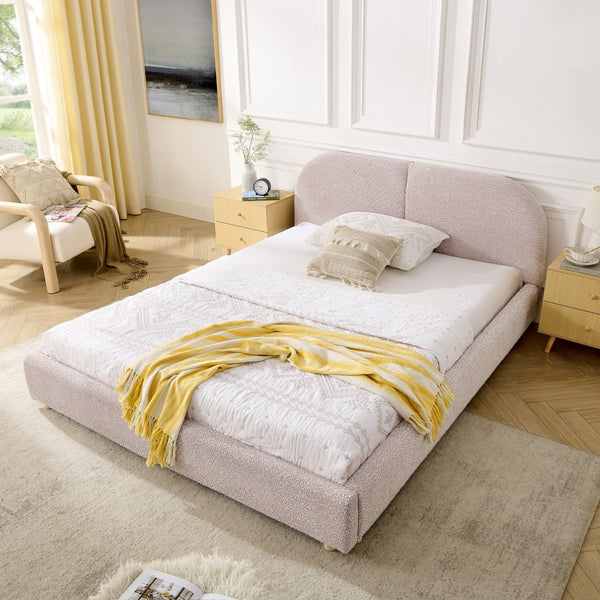 English Elm Queen Upholstered Bed with Tall Curved Headboard Soft Textured Fabric Modern Bedroom Pink W487S00484