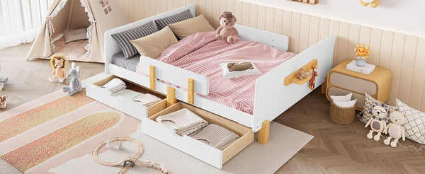 English Elm Twin Low Profile Kids Floor Bed Pine Wood Frame with Safety Rail and Built in Bookshelf Light White W1580P373244