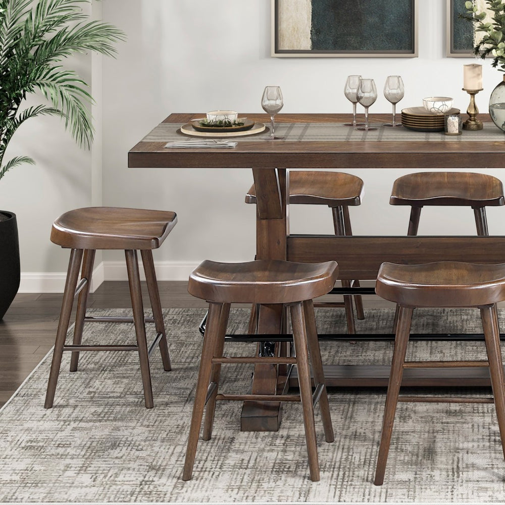 English Elm Brown Acacia Wood Counter Height Dining Set Seats Eight with Industrial Metal Footrest B011S02273