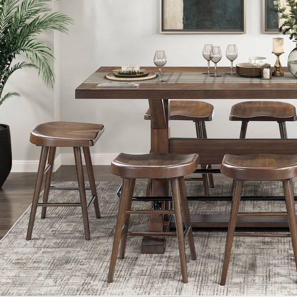 English Elm Brown Acacia Wood Counter Height Dining Set Seats Eight with Industrial Metal Footrest B011S02273