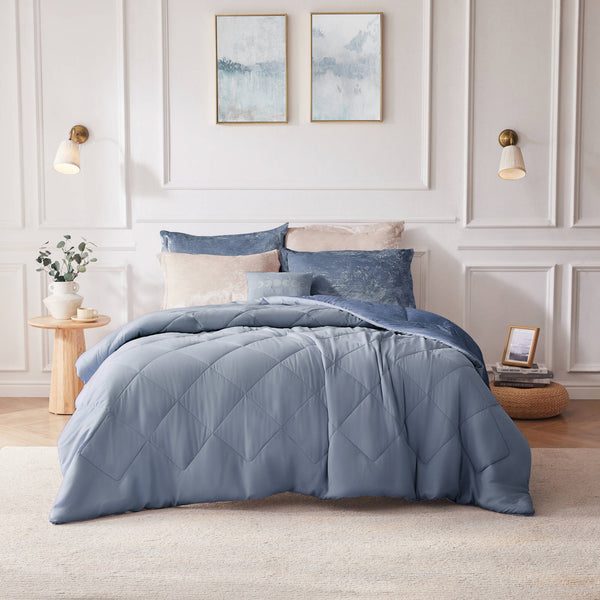 JLA Home Intelligent Design - Velvet Crushed-velvet Comforter Set with Diamond Quilting, Hypoallergenic Fill and Plush Texture Blue ID10-2156