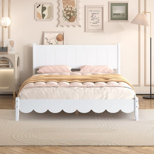 English Elm Queen Size Wood Platform Bed Frame, Retro Style Bed With Rectangular Headboard,No Need Box Spring,White