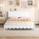 Queen Size Wood Platform Bed Frame, Retro Style, Rectangular Headboard, No Box Spring Needed, White