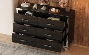 English Elm Elegant High Gloss Dresser with Metal Handles and Mirrored Panels, 6-Drawer Space-Saving Storage Solution Black 55.71 L x 19.29 W x 10.63 H N733P205355B