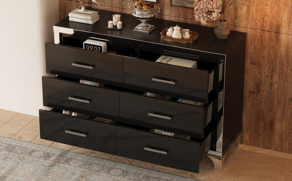 English Elm Elegant High Gloss Dresser with Metal Handles and Mirrored Panels, 6-Drawer Space-Saving Storage Solution Black 55.71 L x 19.29 W x 10.63 H N733P205355B
