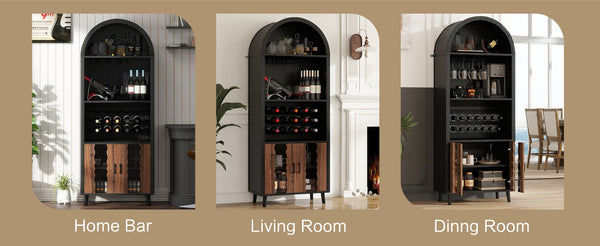 English Elm 71"Farmhouse Arched Wine Bar Cabinet with 15 Bottle Racks, 16 Glass Holders, Anti-Tip Safety for Living/Dining Black+Natural W2977P338242