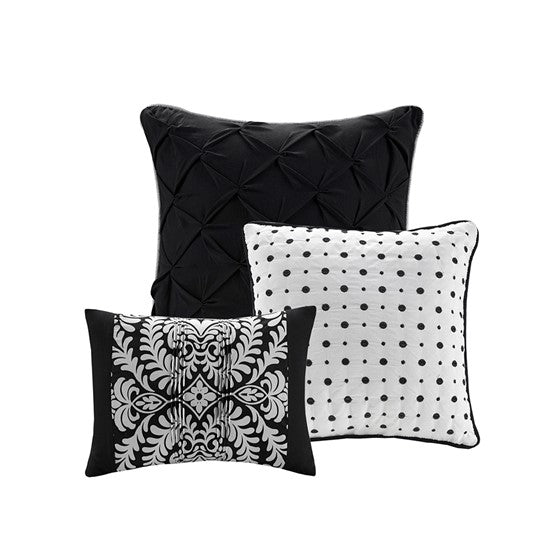 English Elm 7 Piece Cotton Comforter Set - Elegant Black King Size Bedding With Damask Print & Decorative Pillows B03597262
