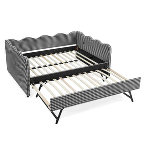 English Elm Full Size Gingham Linen Daybed with Wave Backrest Trundle and Usb Charging Port Black W1413S00141