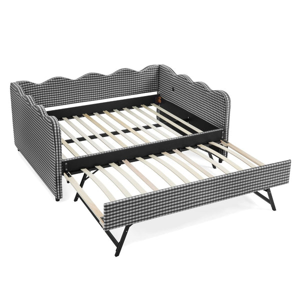 English Elm Full Size Gingham Linen Daybed with Wave Backrest Trundle and Usb Charging Port Black W1413S00141