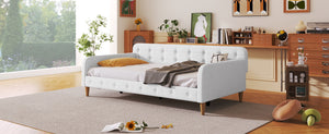 English Elm Twin Upholstered Daybed with Pine Frame and Linen Fabric, Button-Tufted High Sideboard, 79" L Beige N709P266225K