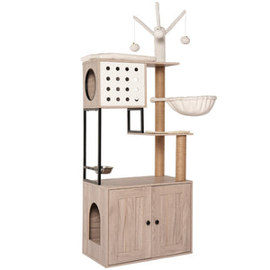 English Elm Cat Condo Tower with Hidden Litter Enclosure Sisal Posts and Feeding Station W1687P304380