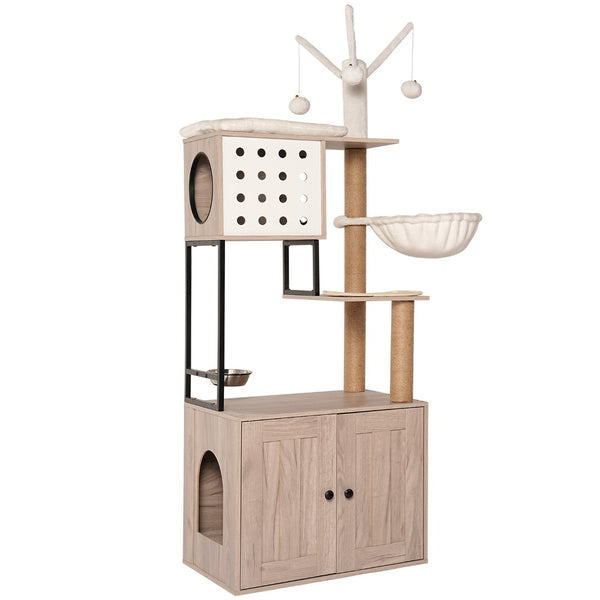 English Elm Cat Condo Tower with Hidden Litter Enclosure Sisal Posts and Feeding Station W1687P304380