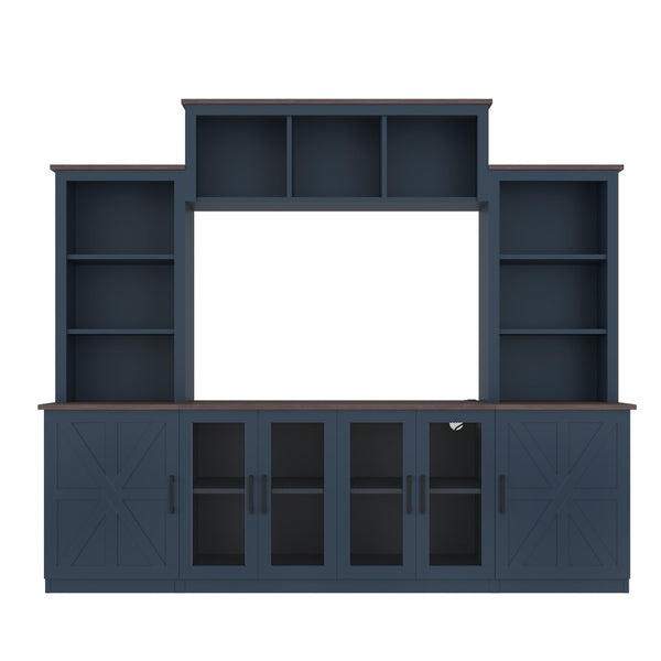 English Elm Wall Unit Entertainment Center with Built in Charging Mdf Media Console Open Shelving Blue W1580S00437