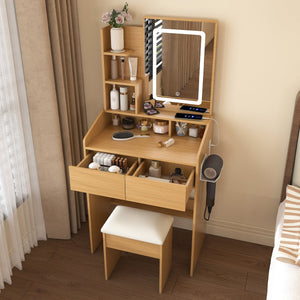 English Elm Vanity compact dressing desk with LED mirror, 3-color dimmable lights, drawers, stool, outlet Wood W2699P345799