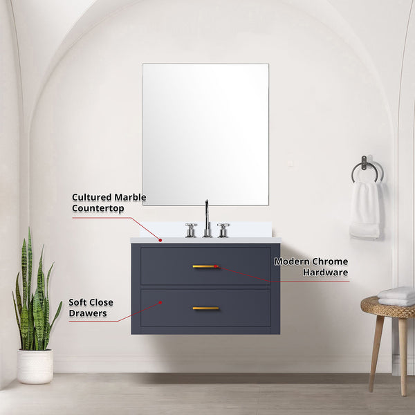 English Elm Blue Single Bath Vanity Set With Cultured Marble Countertop, Chrome Faucet & Frameless Mirror, 30" W B2731S01977