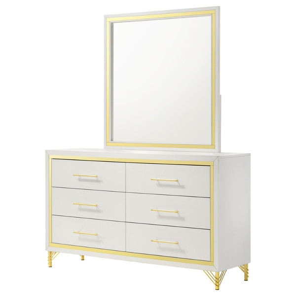 English Elm James White Glam Dresser with Mirror Gold Hardware Six Drawers Bedroom Vanity Set B062S01749