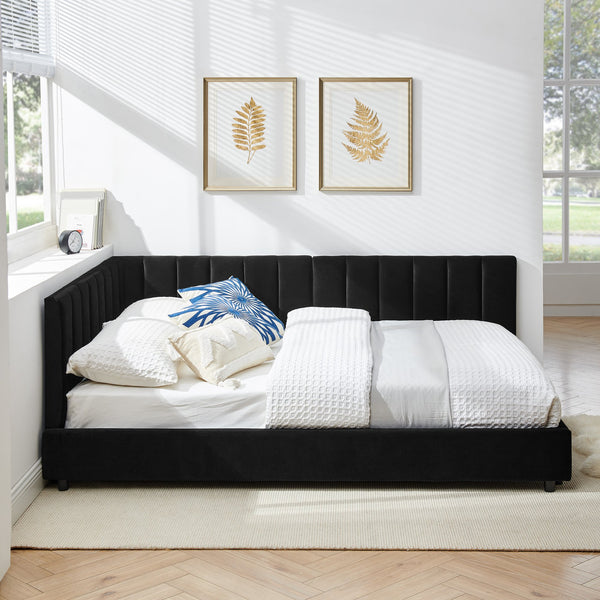 English Elm Full Size Upholstered Tufted Bed Frame In Luxurious Black Velvet - Stylish Sofa Bed With Armrests W487S00331