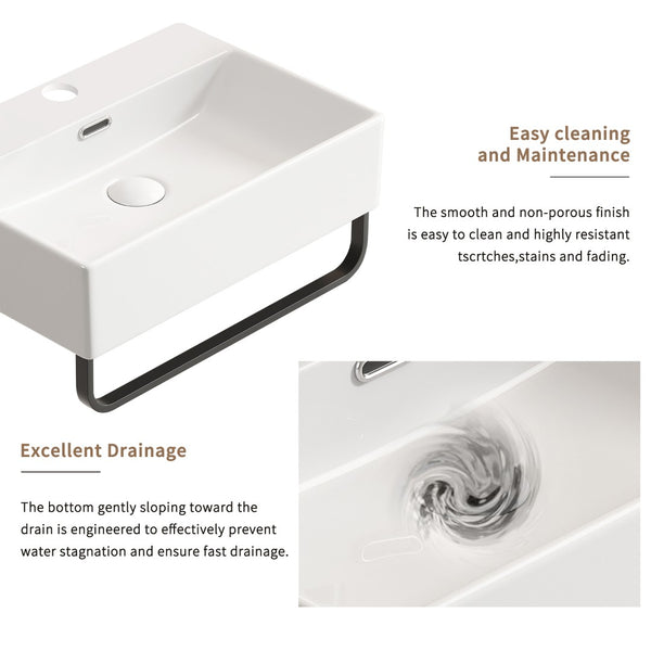 English Elm White Ceramic Wall Mount Bathroom Sink with Integrated Towel Rack for Small Spaces W3402P362473