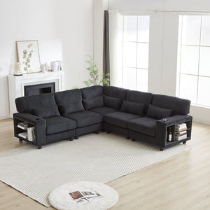 English Elm 102.75*102.75" L-Shaped Modular Sectional Sofa with Corduroy Upholstery, Storage Arm, Cup Holder, 5-Seat Convertible Lounge Black W1926S00052
