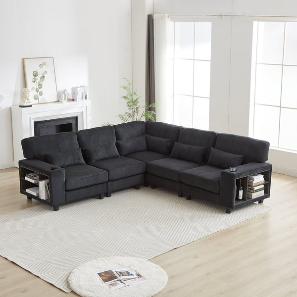 English Elm 102.75*102.75" L-Shaped Modular Sectional Sofa with Corduroy Upholstery, Storage Arm, Cup Holder, 5-Seat Convertible Lounge Black W1926S00052