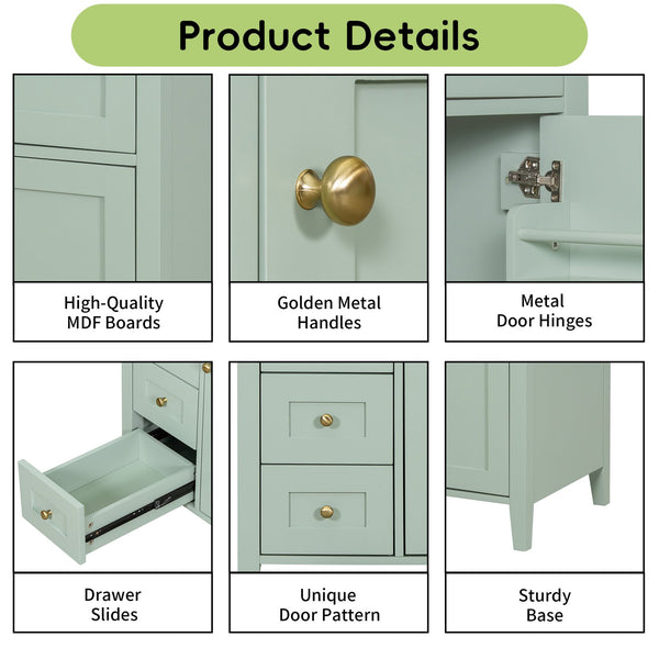 English Elm 30-Inch Contemporary Bathroom Vanity with Sink, MDF & Rubberwood, Glossy Finish, 3 Drawers + Cabinet Green N725P350819F