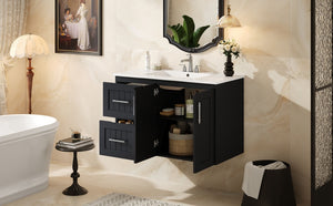 English Elm 36'' Wall Mounted Bathroom Vanity with Ceramic Sink, Solid Wood & MDF Floating Cabinet with Drawers Black N710P293299B
