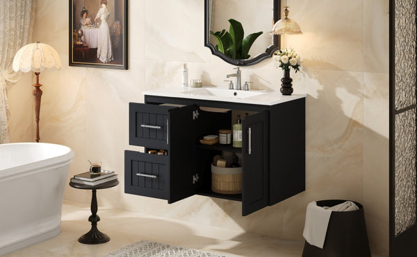 English Elm 36'' Wall Mounted Bathroom Vanity with Ceramic Sink, Solid Wood & MDF Floating Cabinet with Drawers Black N710P293299B