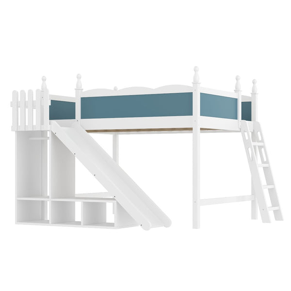 English Elm Queen Solid Pine Loft Bed with Wardrobe Shelves Detachable Slide and Dual Sleeping Zones Blue,Off White W5305S00029