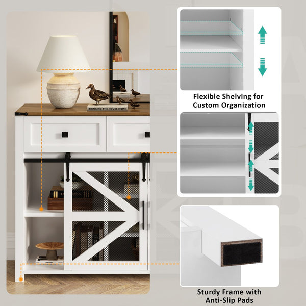 English Elm U_style Industrial Sideboard with Sliding Barn Doors Iron Mesh Panels and Three Drawers White N711P347384K