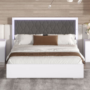 English Elm Queen Size Upholstered Bed With Led Light,Modern Platform Bed With With Velvet Headboard,White