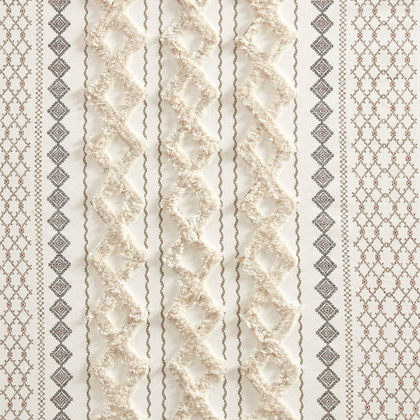 JLA Home INK+IVY - Cotton Geometric Printed Curtain Panel with Tufted Chenille Stripe Trim and Lined Privacy Drapes Ivory II40-1292