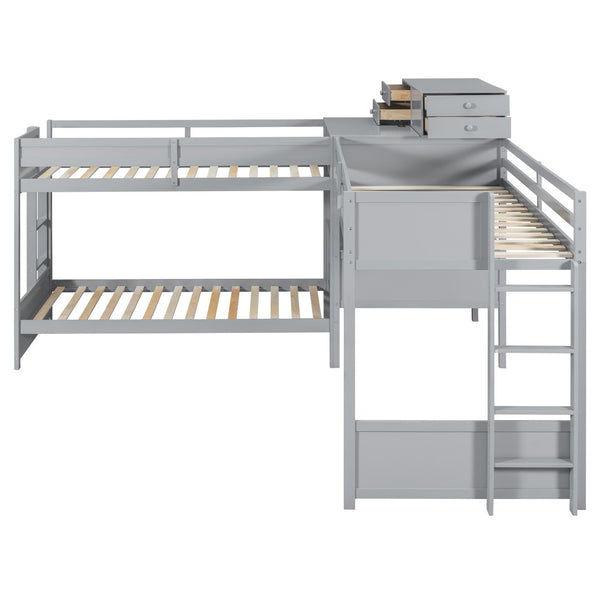English Elm Twin L-shaped Bunk Bed Pine Wood Corner Design with Desk Drawers and Usb Charging Gray N820S00079E