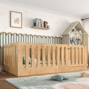 English Elm Twin Solid Pine Montessori Floor Bed with House Frame Door and Safety Fence Natural W5305P420633