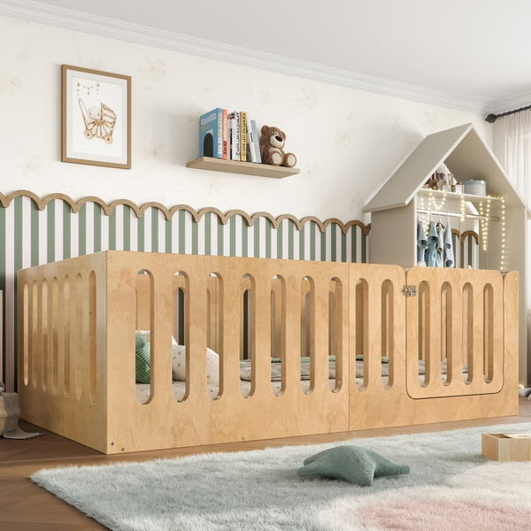 English Elm Twin Solid Pine Montessori Floor Bed with House Frame Door and Safety Fence Natural W5305P420633