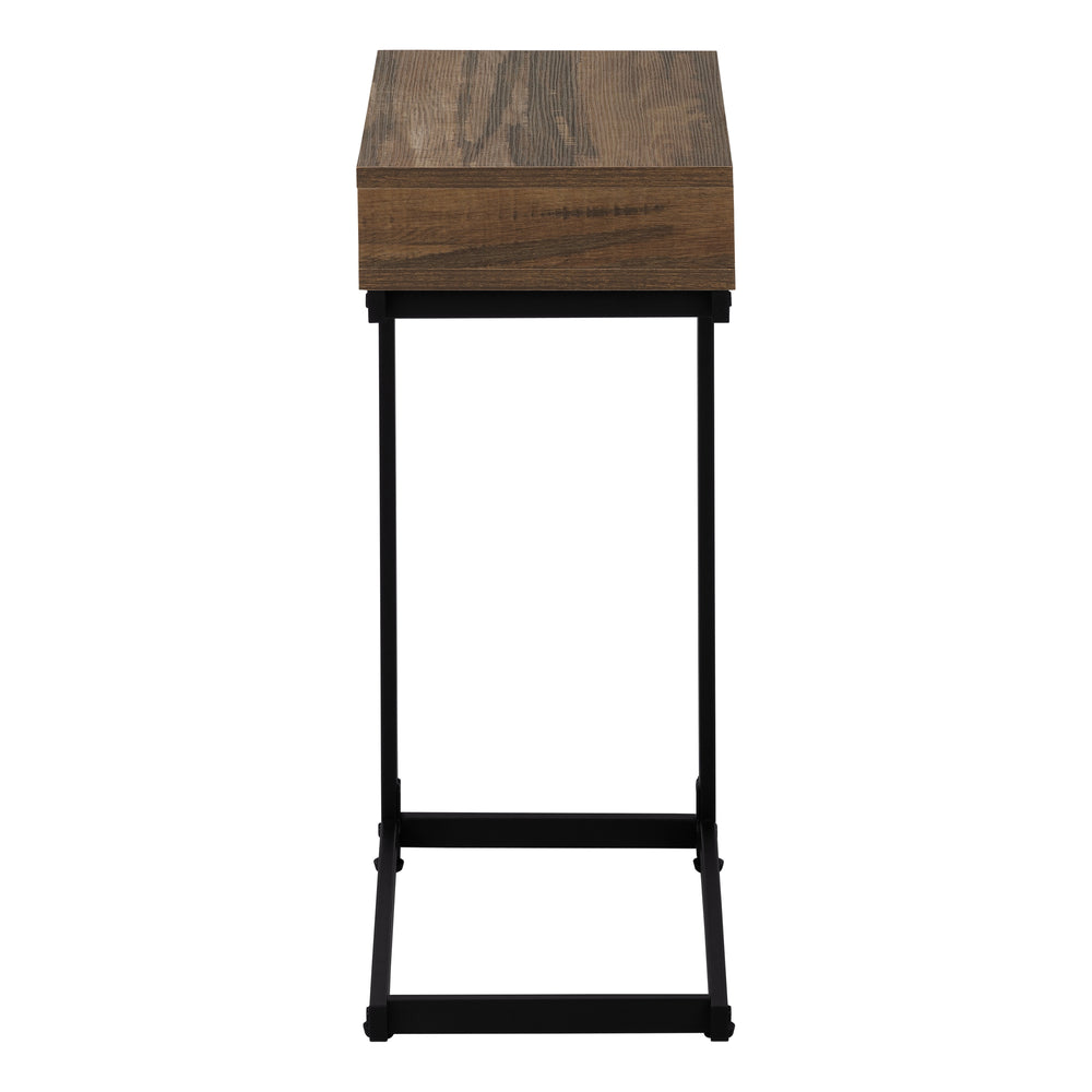 English Elm Accent C-Shaped End Table with Slide-Under Base, Reclaimed Brown Laminate Top & Drawer Storage, Black Metal Frame for Sofa Side Convenience and Modern Living Room Use B2710P219357