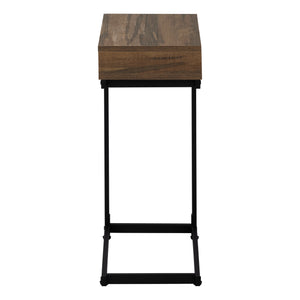 English Elm Accent C-Shaped End Table with Slide-Under Base, Reclaimed Brown Laminate Top & Drawer Storage, Black Metal Frame for Sofa Side Convenience and Modern Living Room Use B2710P219357
