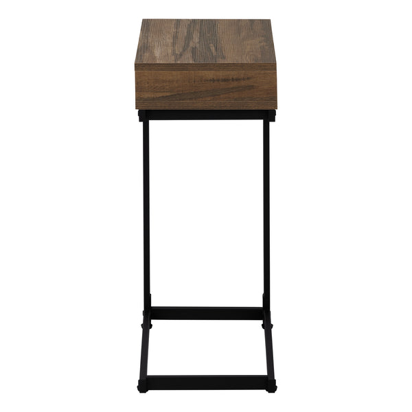 English Elm Accent C-Shaped End Table with Slide-Under Base, Reclaimed Brown Laminate Top & Drawer Storage, Black Metal Frame for Sofa Side Convenience and Modern Living Room Use B2710P219357