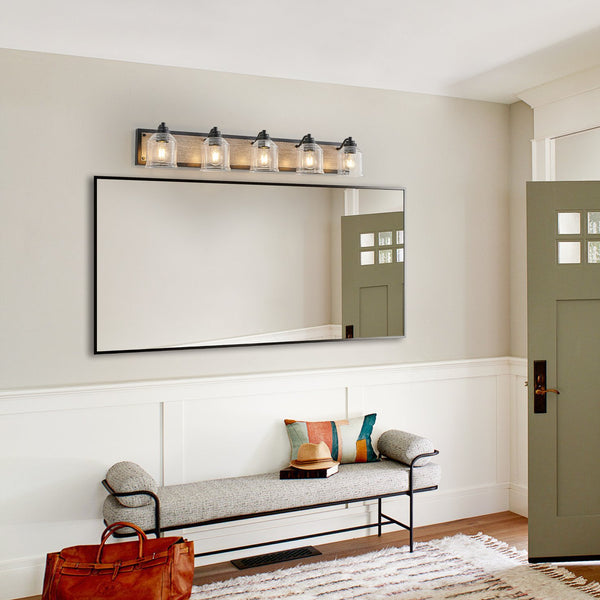 English Elm 40" Farmhouse Vanity Light Fixture, 5-Light Industrial Bathroom Sconce with Clear Seeded Glass Shades, Black Wood Finish, Retro Chic Design W2312P374828