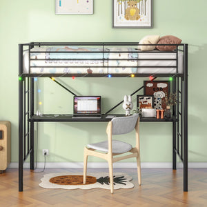 English Elm Twin Metal Loft Bed with Desk, LED Mood Lights, Full Safety Guardrails, Built-in Power Outlet & USB W840P192240
