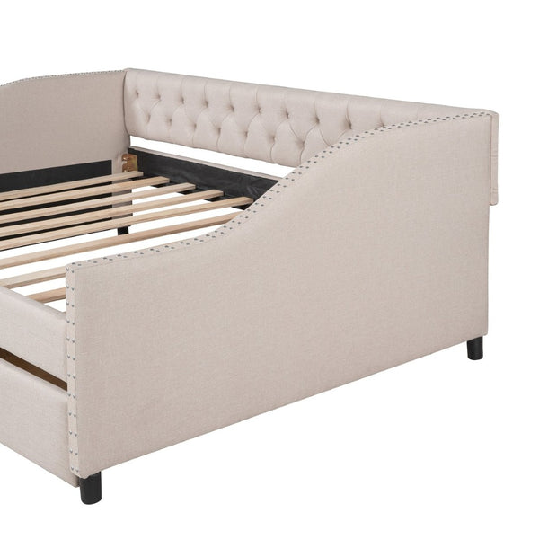 English Elm Upholstered Full Daybed with Linen Tufted Back Rivet Arms and Two Storage Drawers LP002111AAA